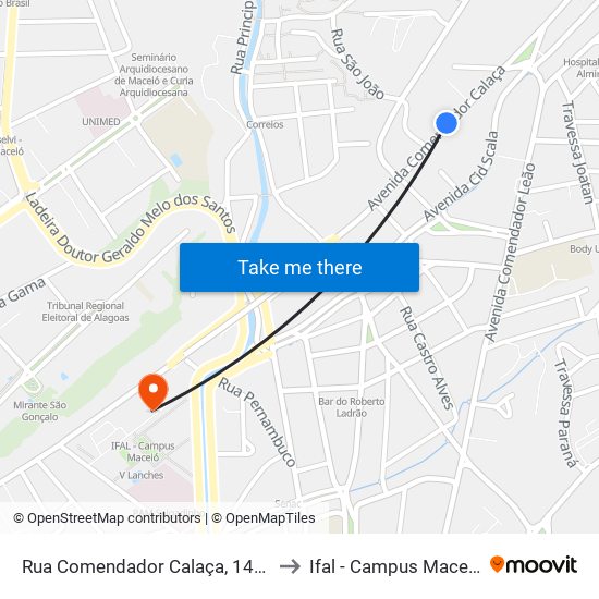 Rua Comendador Calaça, 1431 to Ifal - Campus Maceió map