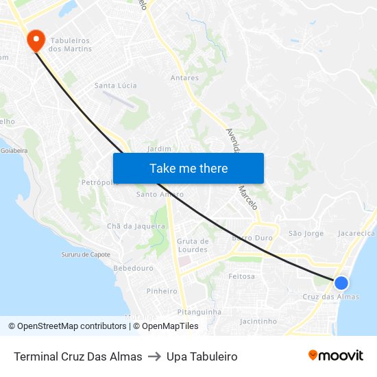 Terminal Cruz Das Almas to Upa Tabuleiro map