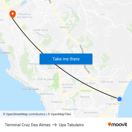 Terminal Cruz Das Almas to Upa Tabuleiro map