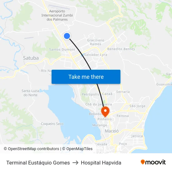 Terminal Eustáquio Gomes to Hospital Hapvida map