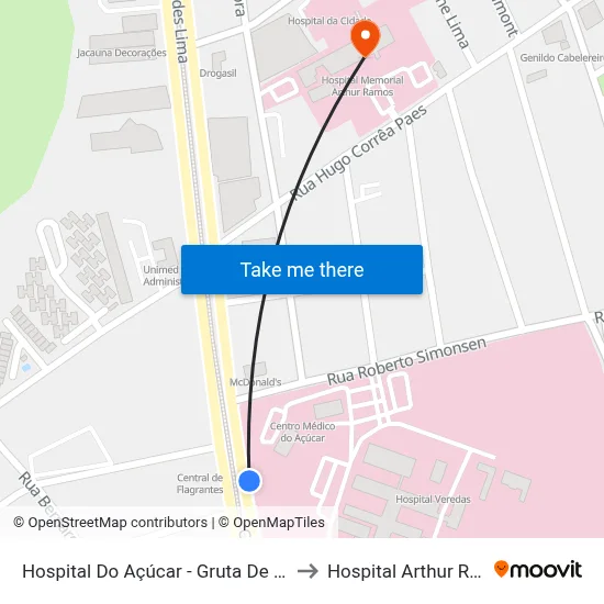 Hospital Do Açúcar - Gruta De Lourdes to Hospital Arthur Ramos map