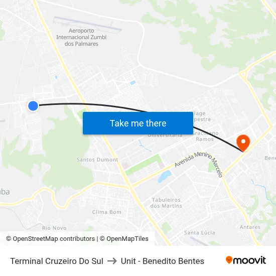 Terminal Cruzeiro Do Sul to Unit - Benedito Bentes map