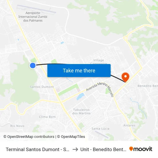 Terminal Santos Dumont - Sfra to Unit - Benedito Bentes map