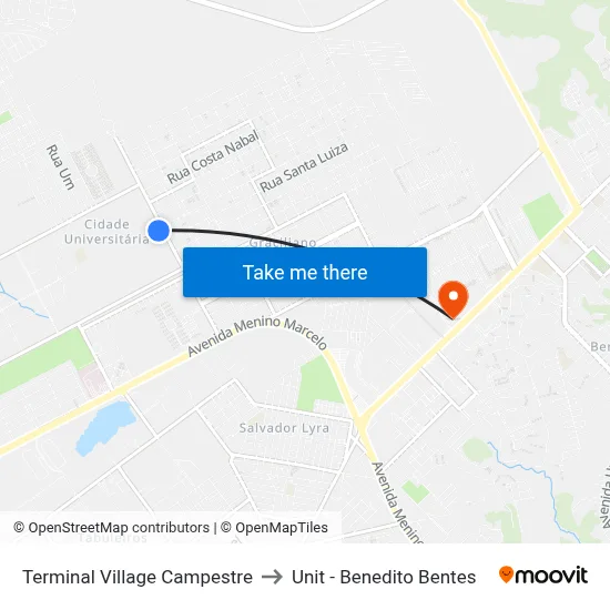 Terminal Village Campestre to Unit - Benedito Bentes map