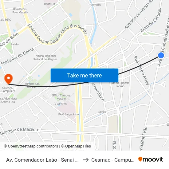 Av. Comendador Leão | Senai Poço to Cesmac - Campus IV map