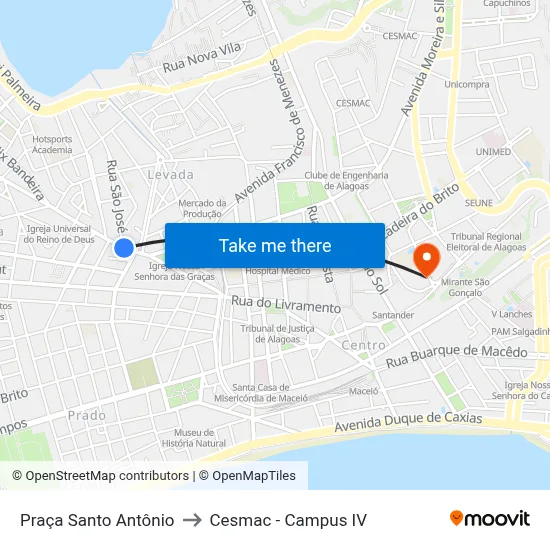 Praça Santo Antônio to Cesmac - Campus IV map
