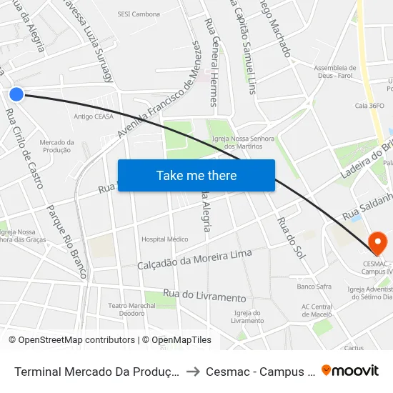 Terminal Mercado Da Produção to Cesmac - Campus IV map