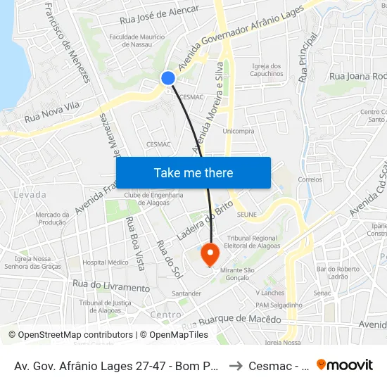 Av. Gov. Afrânio Lages 27-47 - Bom Parto Maceió - Al 57017-340 Brasil to Cesmac - Campus IV map
