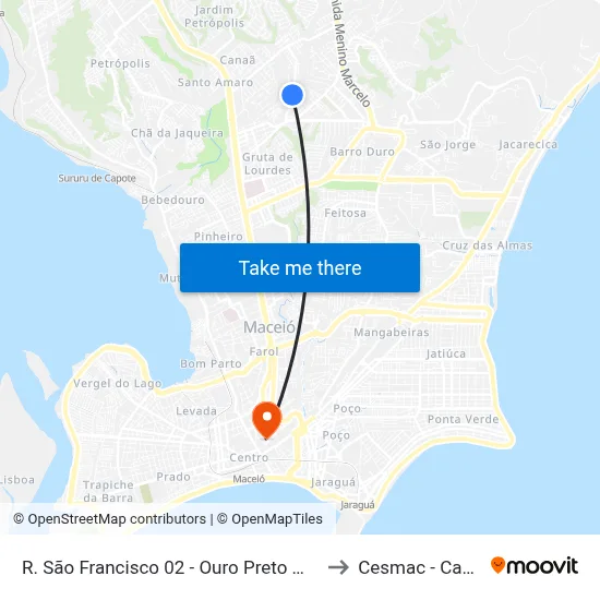 R. São Francisco 02 - Ouro Preto Maceió - Al Brasil to Cesmac - Campus IV map