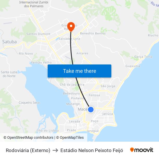 Rodoviária (Externo) to Estádio Nelson Peixoto Feijó map