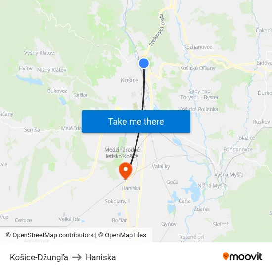 Košice-Džungľa to Haniska map
