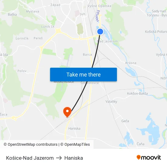 Košice-Nad Jazerom to Haniska map