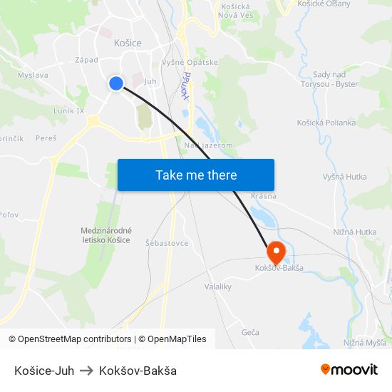 Košice-Juh to Kokšov-Bakša map