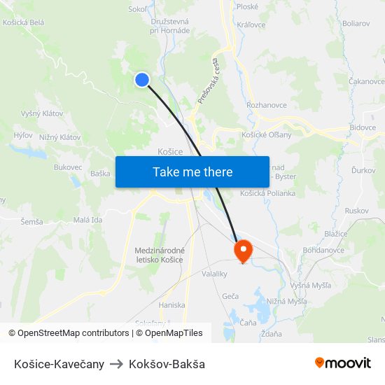 Košice-Kavečany to Kokšov-Bakša map