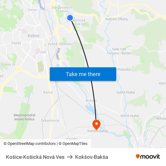 Košice-Košická Nová Ves to Kokšov-Bakša map