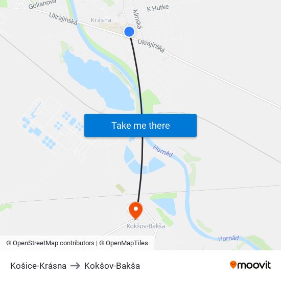 Košice-Krásna to Kokšov-Bakša map