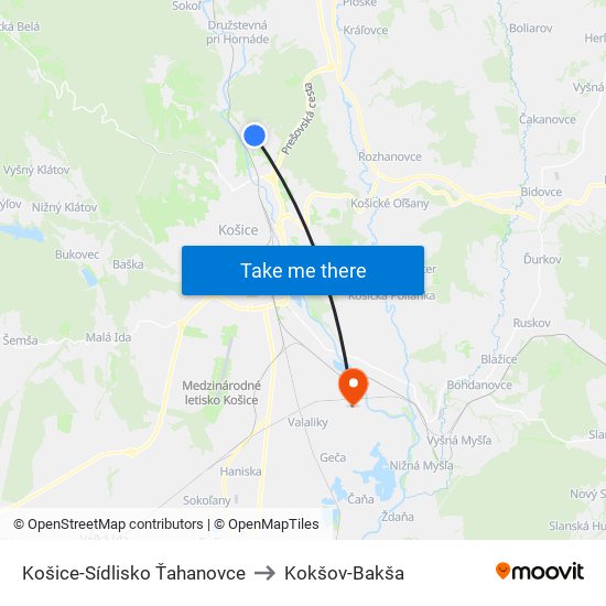 Košice-Sídlisko Ťahanovce to Kokšov-Bakša map