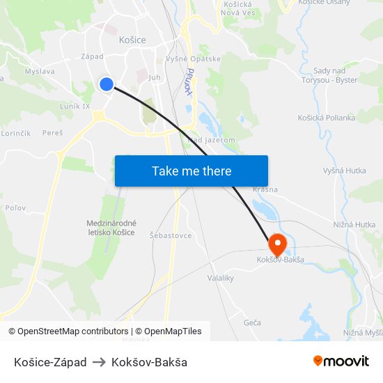 Košice-Západ to Kokšov-Bakša map