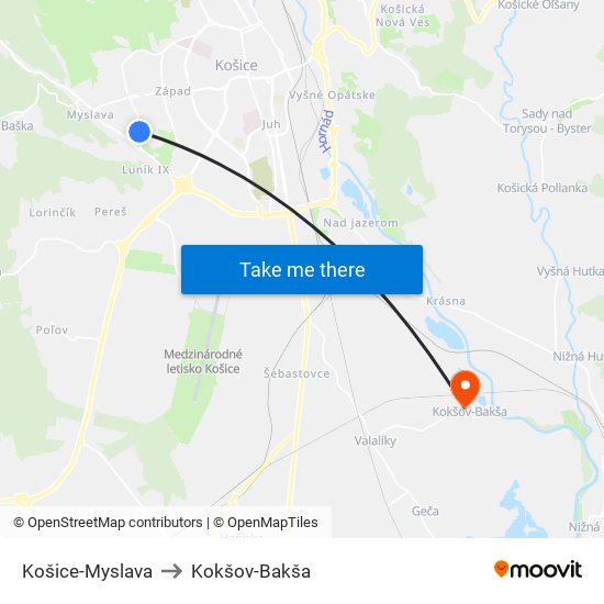 Košice-Myslava to Kokšov-Bakša map