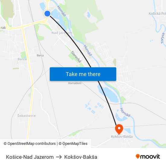 Košice-Nad Jazerom to Kokšov-Bakša map