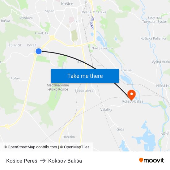 Košice-Pereš to Kokšov-Bakša map