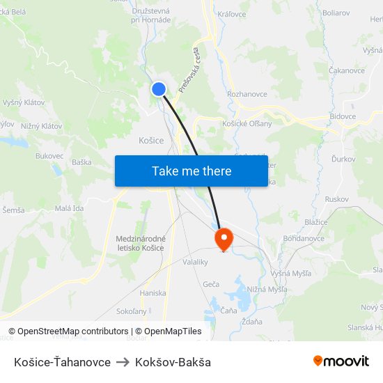 Košice-Ťahanovce to Kokšov-Bakša map