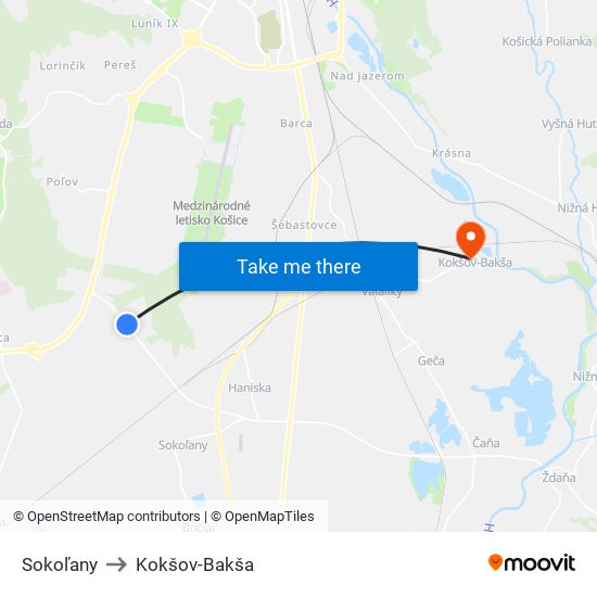 Sokoľany to Kokšov-Bakša map