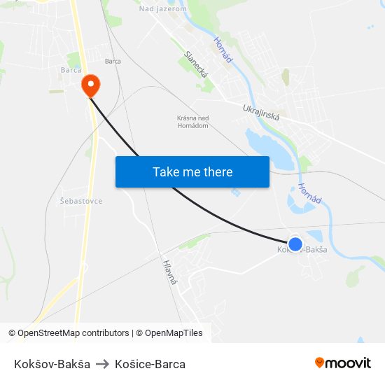 Kokšov-Bakša to Košice-Barca map