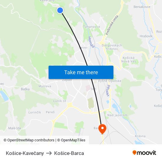 Košice-Kavečany to Košice-Barca map