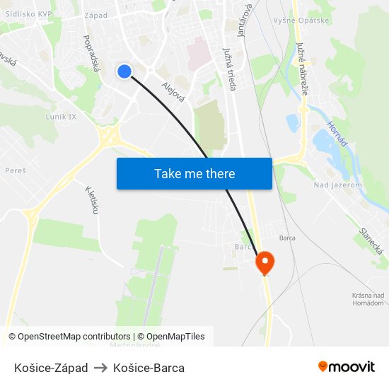 Košice-Západ to Košice-Barca map