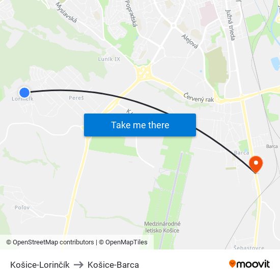 Košice-Lorinčík to Košice-Barca map