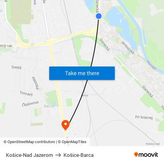 Košice-Nad Jazerom to Košice-Barca map