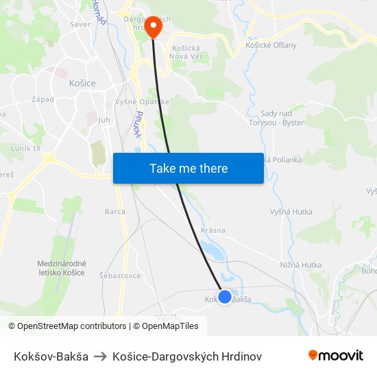 Kokšov-Bakša to Košice-Dargovských Hrdinov map