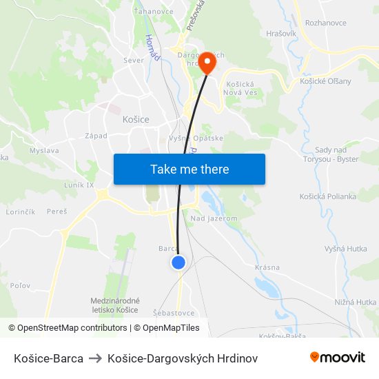 Košice-Barca to Košice-Dargovských Hrdinov map