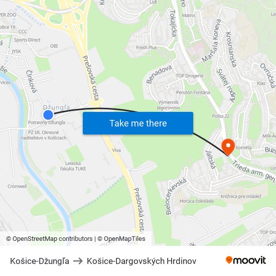 Košice-Džungľa to Košice-Dargovských Hrdinov map