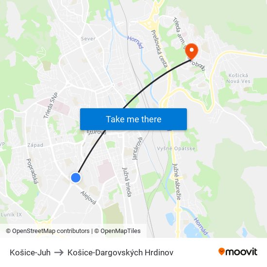 Košice-Juh to Košice-Dargovských Hrdinov map