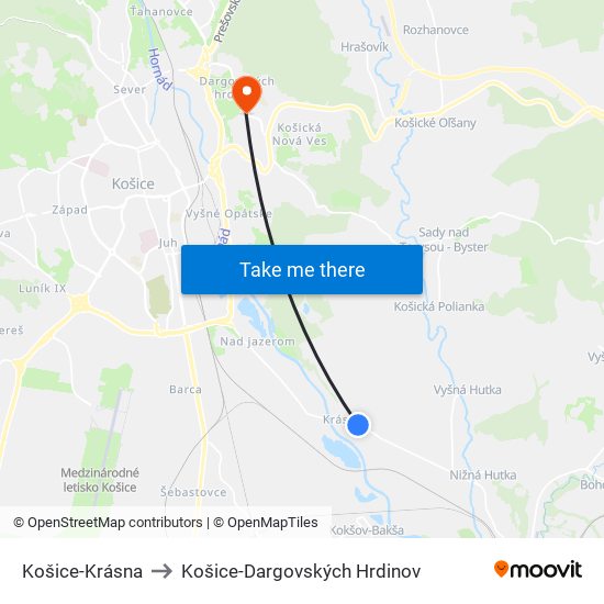 Košice-Krásna to Košice-Dargovských Hrdinov map