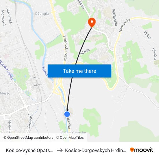 Košice-Vyšné Opátske to Košice-Dargovských Hrdinov map