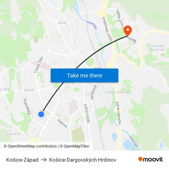 Košice-Západ to Košice-Dargovských Hrdinov map