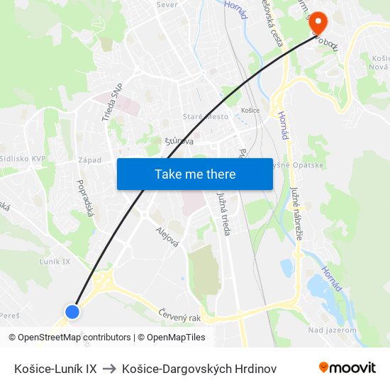 Košice-Luník IX to Košice-Dargovských Hrdinov map