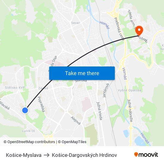 Košice-Myslava to Košice-Dargovských Hrdinov map