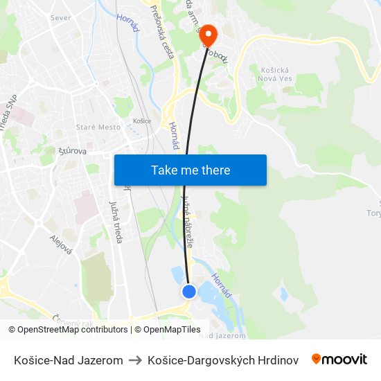 Košice-Nad Jazerom to Košice-Dargovských Hrdinov map