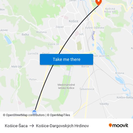 Košice-Šaca to Košice-Dargovských Hrdinov map