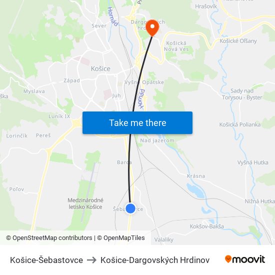 Košice-Šebastovce to Košice-Dargovských Hrdinov map