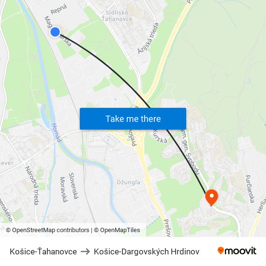 Košice-Ťahanovce to Košice-Dargovských Hrdinov map