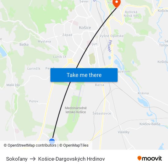 Sokoľany to Košice-Dargovských Hrdinov map