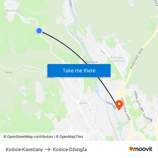 Košice-Kavečany to Košice-Džungľa map