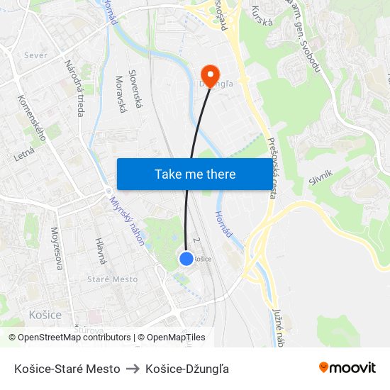 Košice-Staré Mesto to Košice-Džungľa map