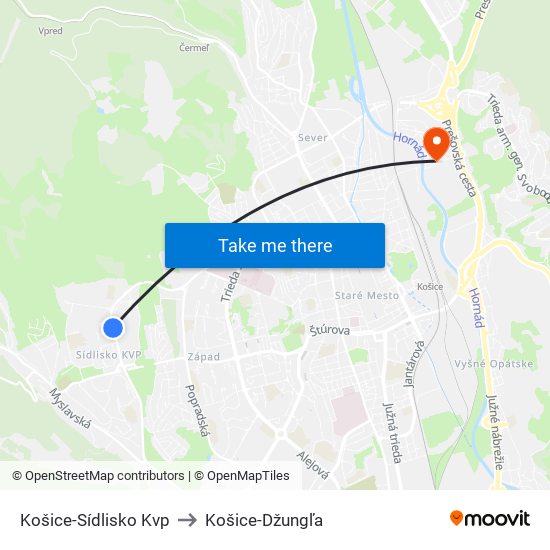 Košice-Sídlisko Kvp to Košice-Džungľa map