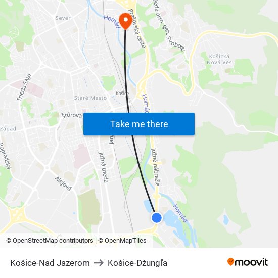 Košice-Nad Jazerom to Košice-Džungľa map